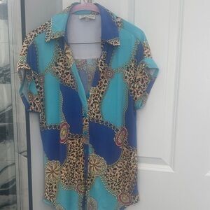 Stylish Blue and Leopard Print Button Down Shirt
